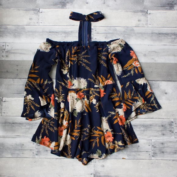 Pants - Navy Blue Floral Print Choker Romper Playsuit